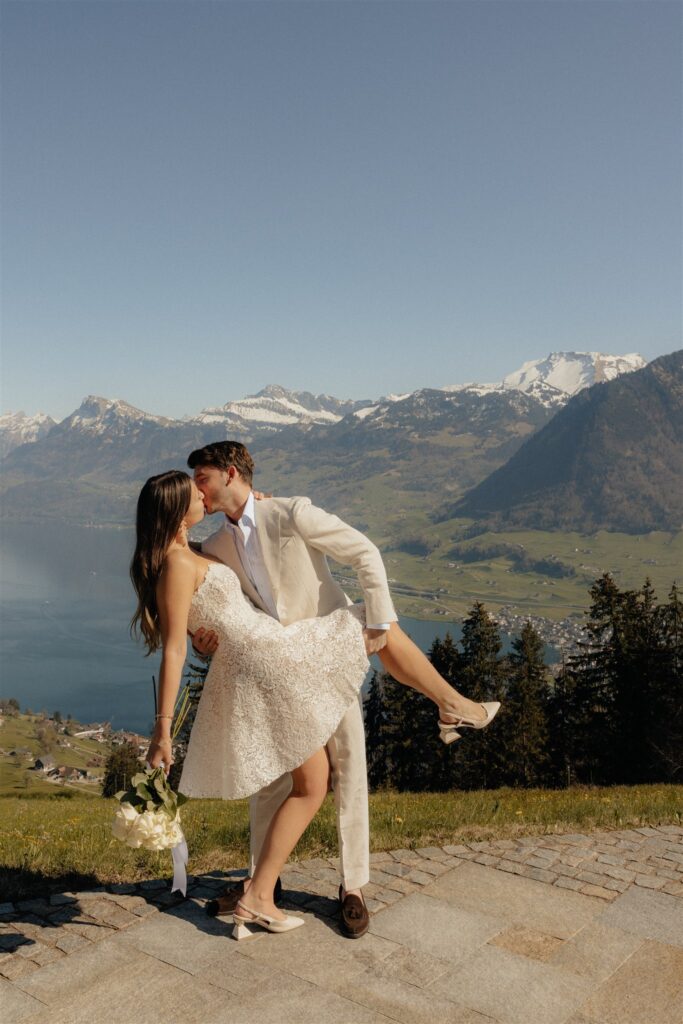 happy couple having the best time walking around their wedding venue