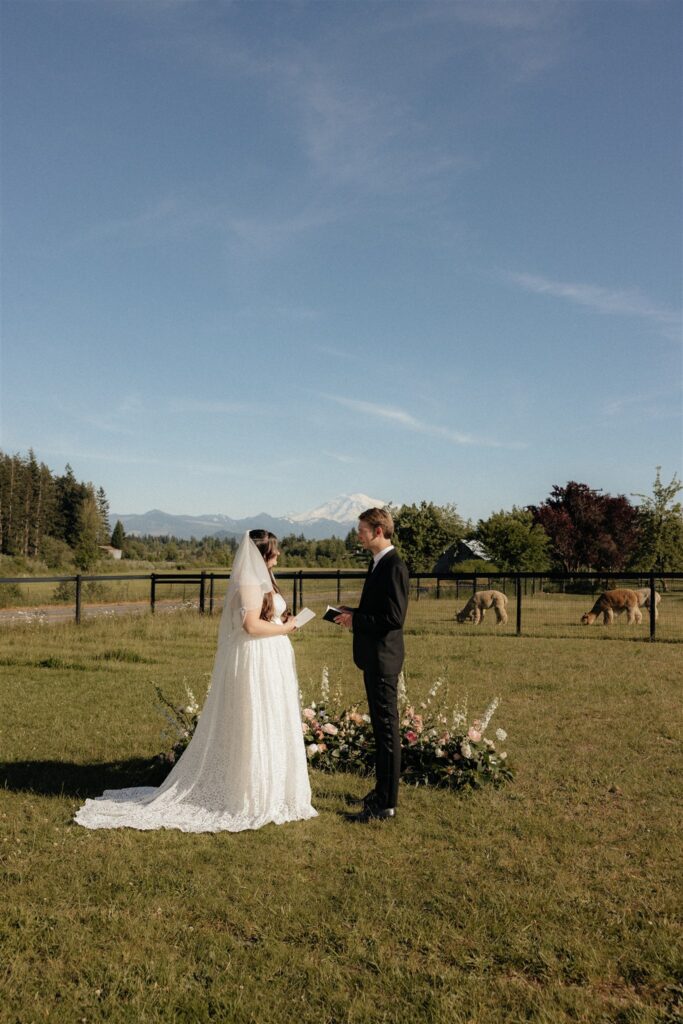 cute picture of the bride and groom reading their vows