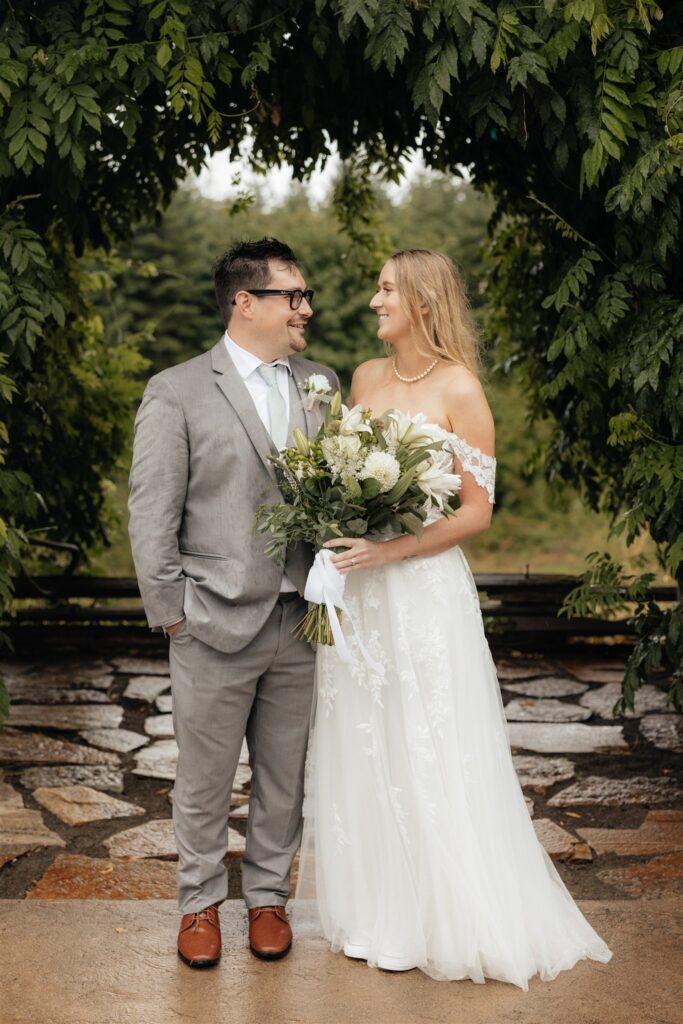Picture of the bride and groom, smiling at each other