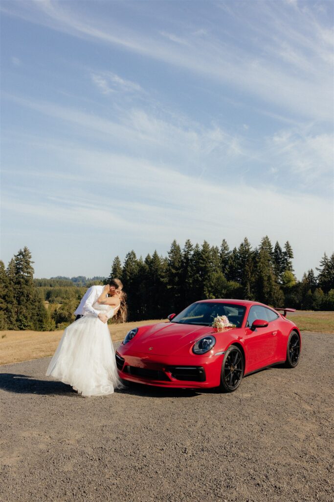 Ella & Andrew’s Orchard at Sunshine Hill Wedding With the Most Iconic Getaway Car