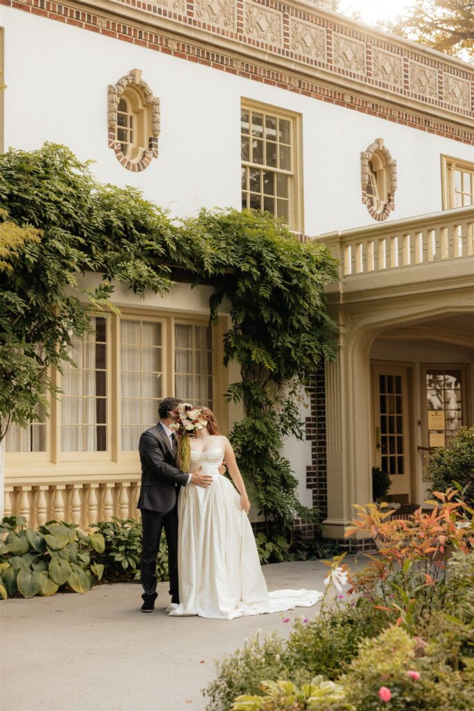 cute picture of the newlyweds hugging 