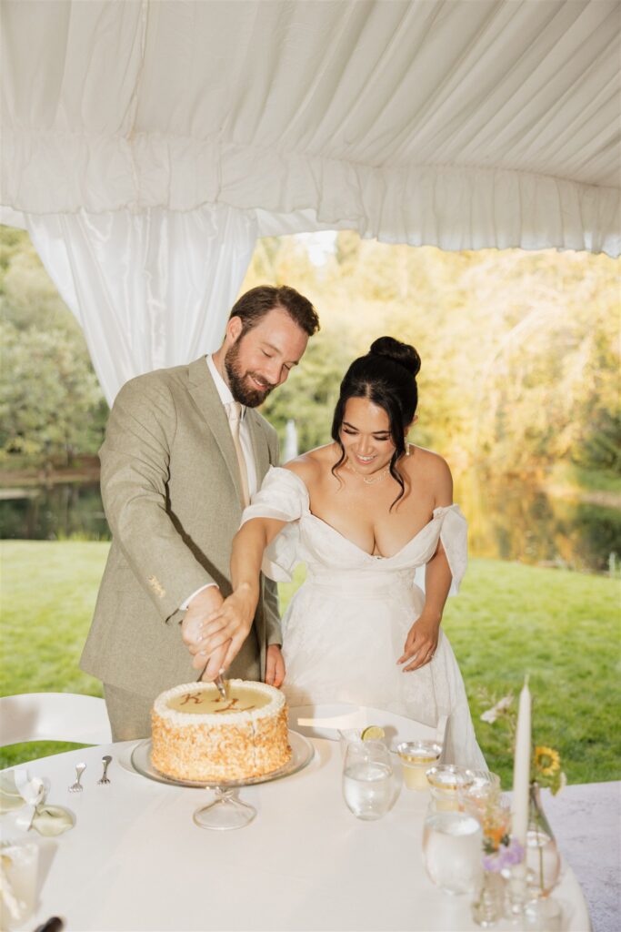 newlyweds cutting their wedding cake
