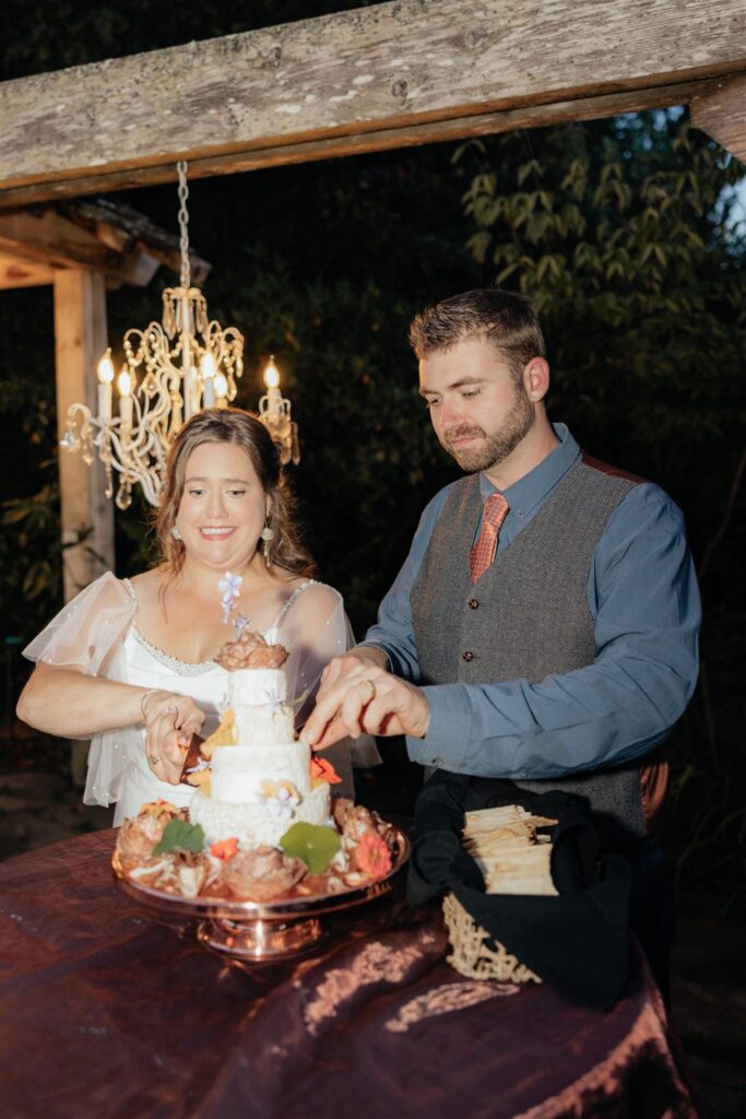 Newly married couple cutting their wedding cake