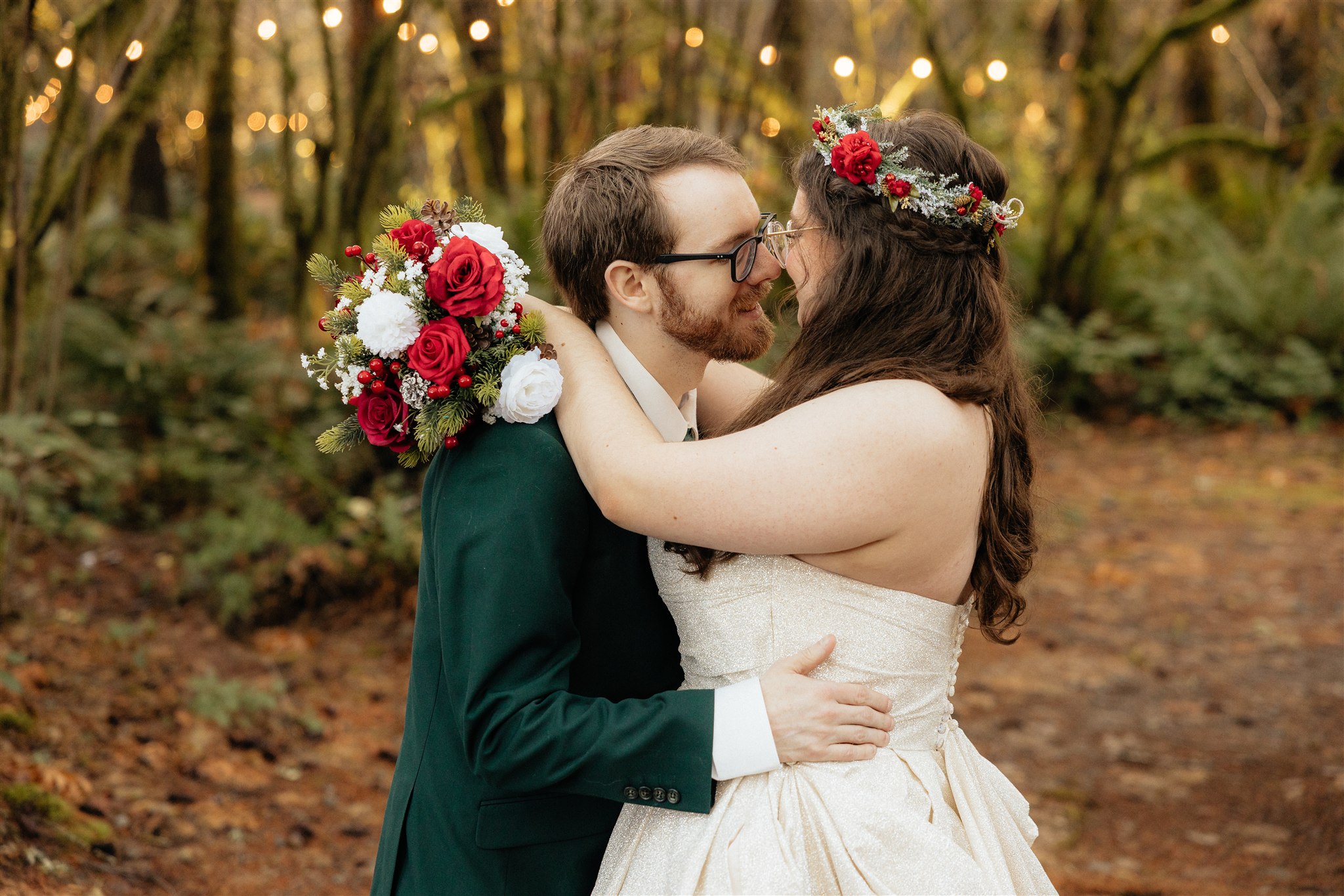Bride and groom, smiling at each other