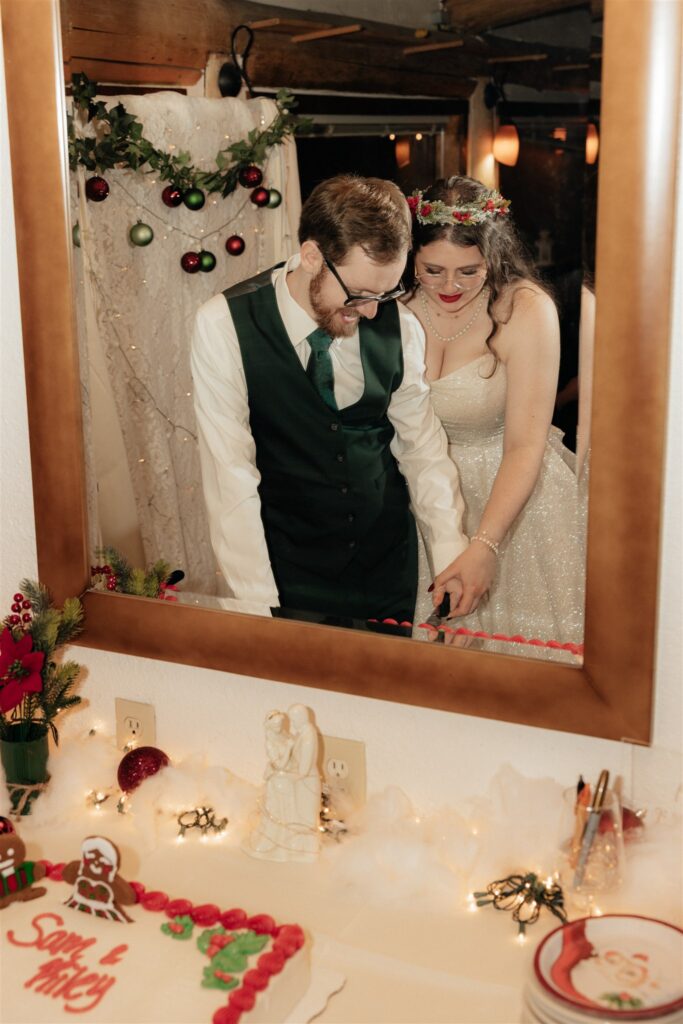 Newly married couple cutting their wedding cake