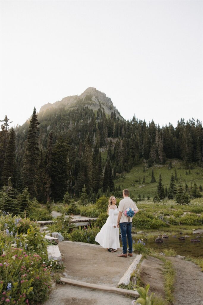 Mount Rainier Engagement Photos at Tipsoo Lake During Wildflower Season