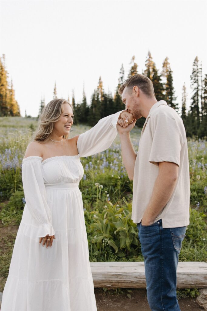 Mount Rainier Engagement Photos at Tipsoo Lake During Wildflower Season