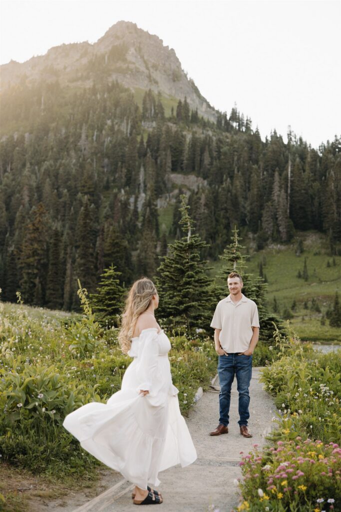 Mount Rainier Engagement Photos at Tipsoo Lake During Wildflower Season