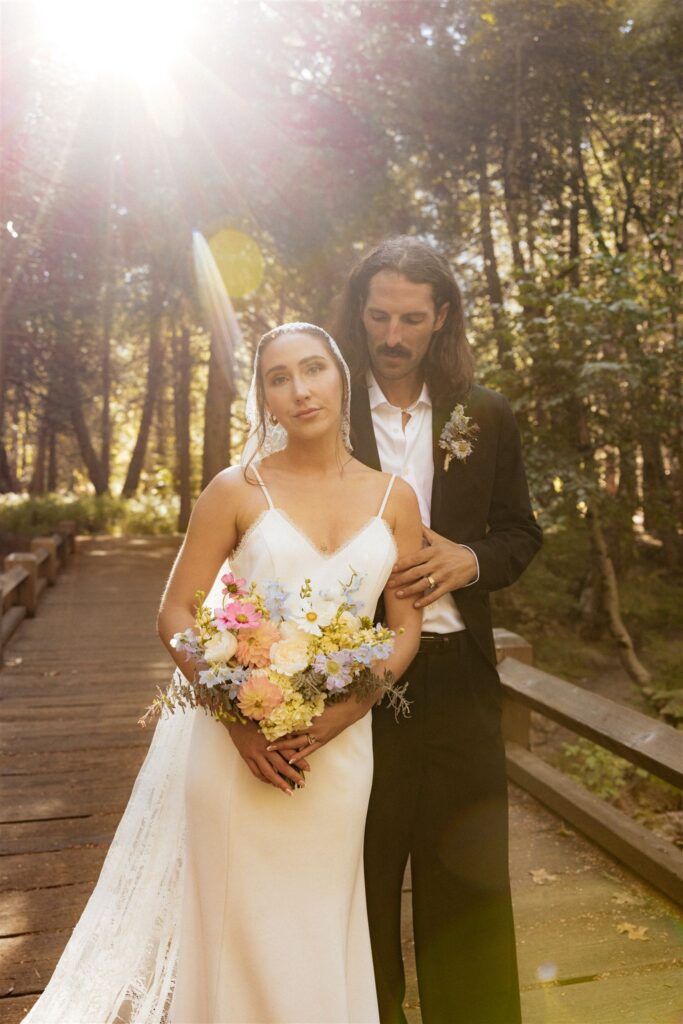 Newly married couple at their dream, Yosemite elopement