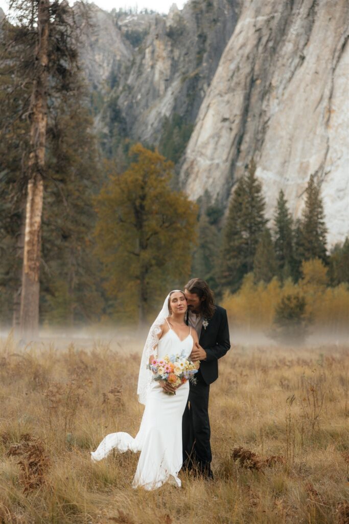 Groom, kissing the bride on the cheek
