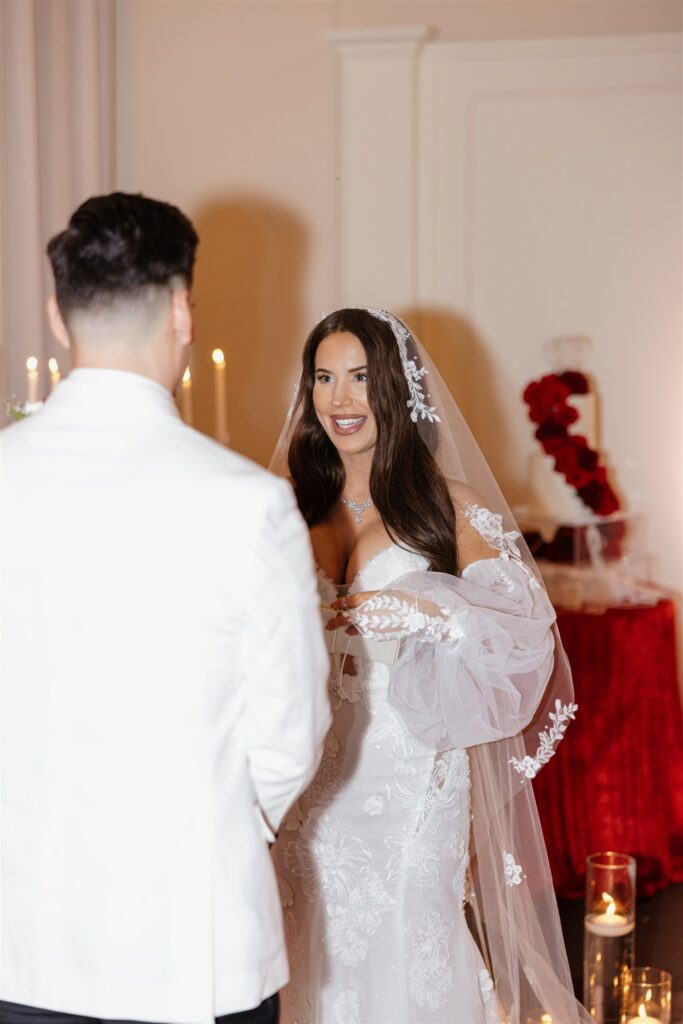 bride emotional at her intimate wedding ceremony