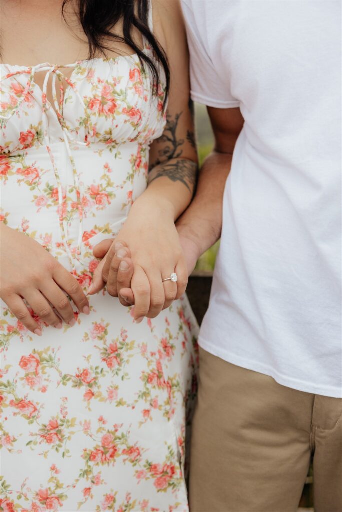cute picture of the newly engaged couple holding hands