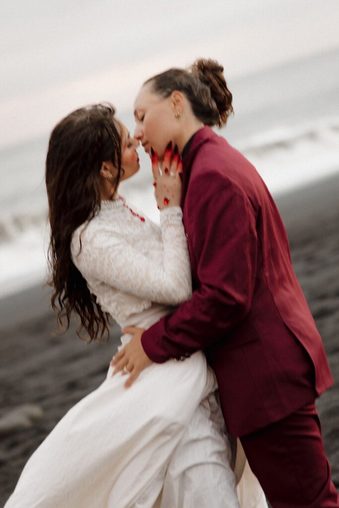 couple smiling at each other during their photoshoot
