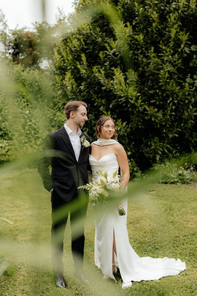 cute picture of the bride and groom hugging