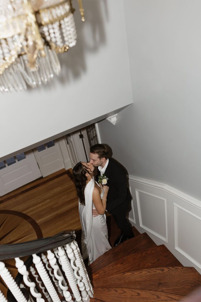 cute portrait of the bride and groom kissing