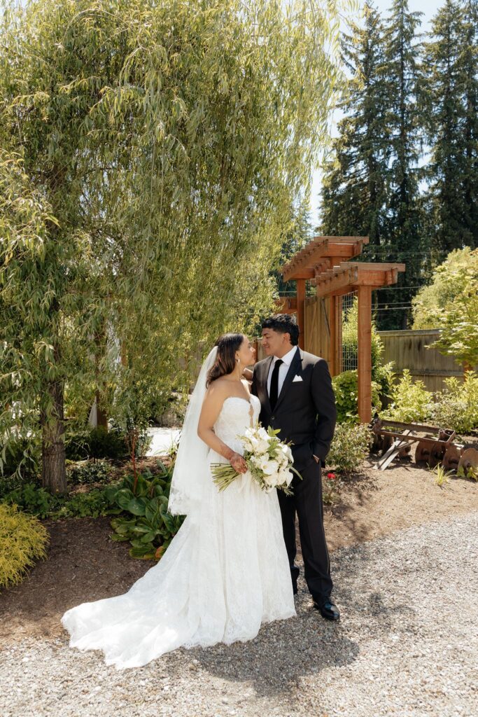 beautiful portrait of the bride and groom kissing