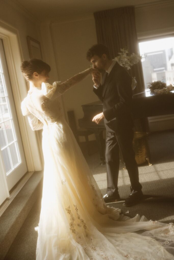 romantic portrait of the bride and groom