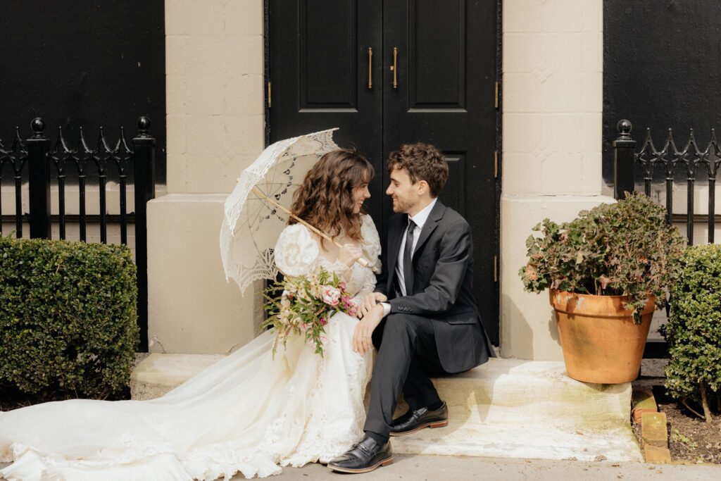 cute picture of the newlyweds laughing with each other