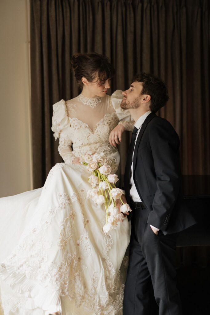 bride and groom at their romantic bridal portraits