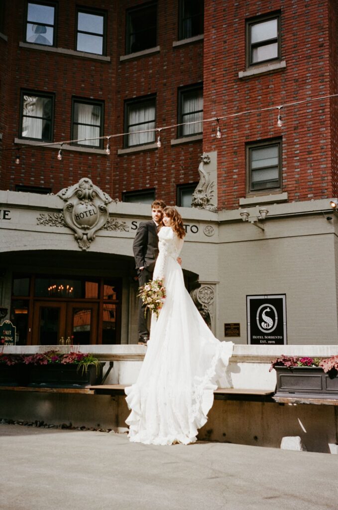 beautiful picture of the newlyweds hugging