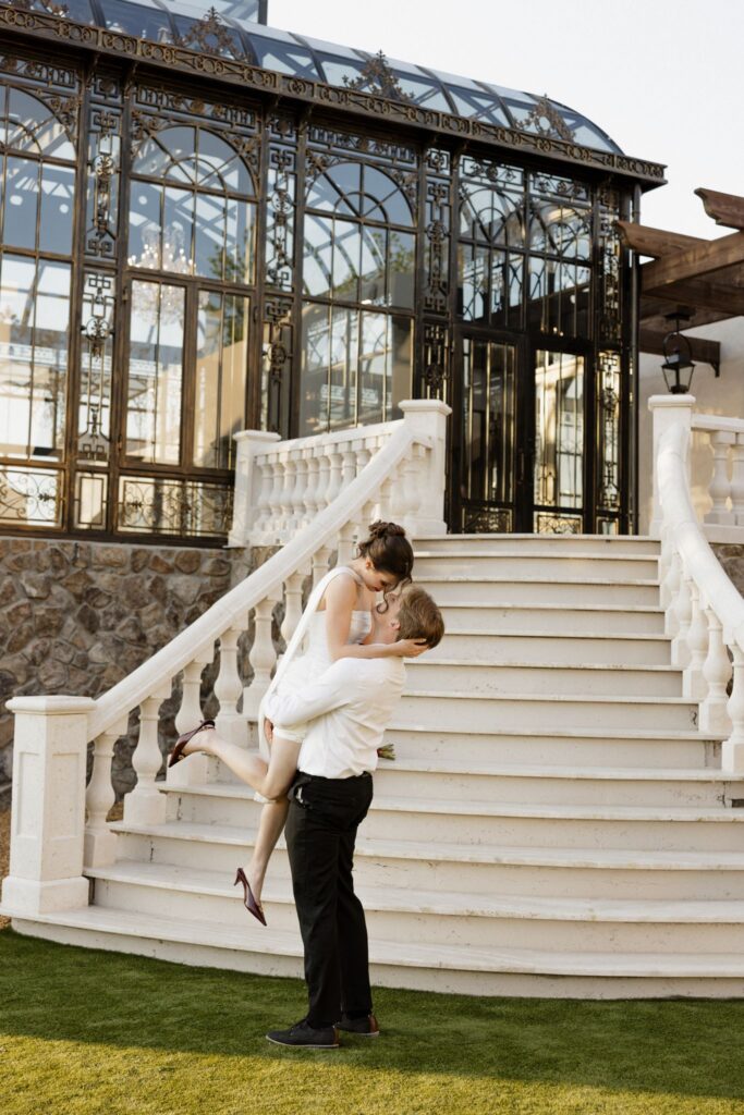 cute picture of the bride and groom hugging