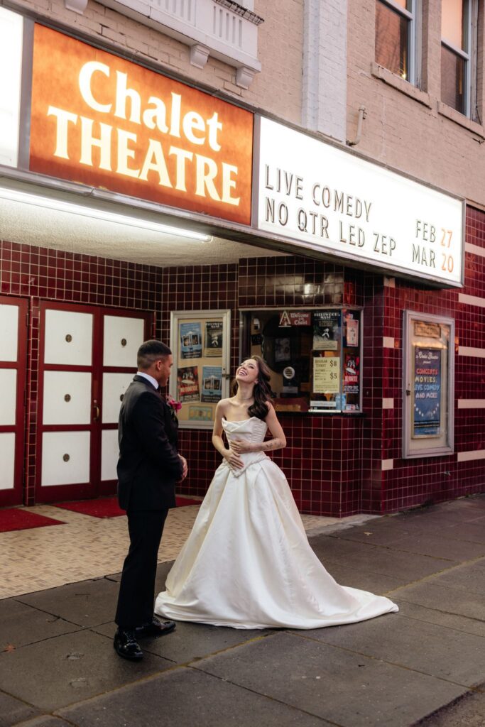 Cinematic Wedding Photos at Chalet Theatre in Enumclaw
