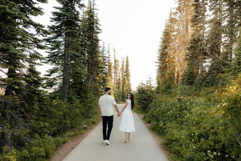 golden hour engagement portraits in mt rainer